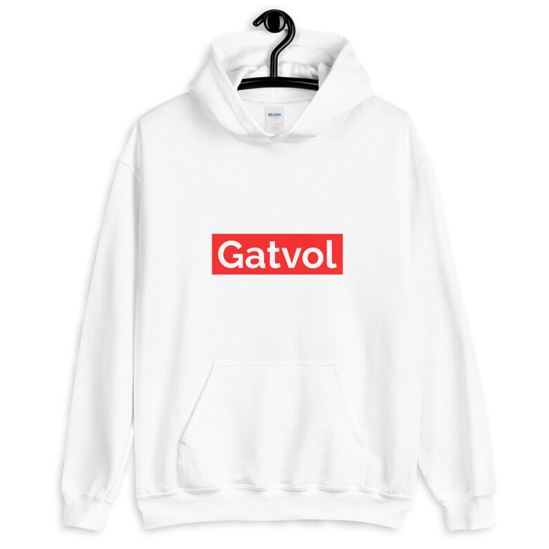 May include: White hoodie with a red box that says "Gatvol" on it.