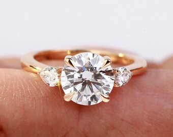 Round Lab Grown Diamond Three Stone Engagement Ring, Rose Gold, 2ct Center Stone