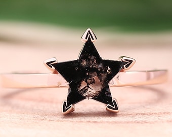 Anel de diamantes com corte estrela e sal e pimenta, anel de aniversário em ouro 14k