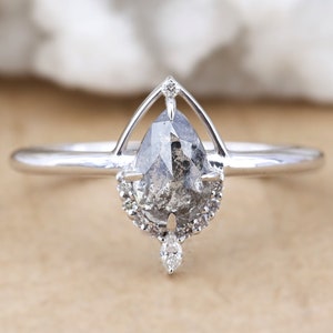 Salt And Pepper Pear Diamond Engagement Ring, Ava Setting, Tear Drop Wedding Band, Unique Gray Diamond 14k Gold Ring for Women