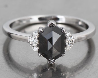 Hexagon Black Diamond Engagement Ring, Rose Cut, 14K White Gold Solitaire, Gift For Her
