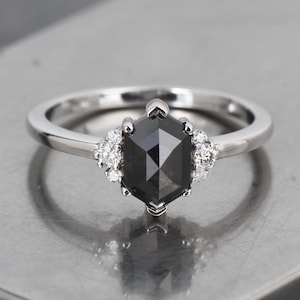 Raw Hexagon Diamond Engagement Ring: Salt and Pepper, 14k Gold