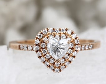 White Heart Diamond Engagement Ring ! Double Halo Engagement Ring ! 14K Rose Gold Ring ! Annivarsary Gift ! Gift For Her