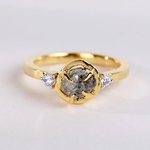 Raw Gray Diamond Engagement Ring: 14K Gold Rustic Bridal Jewelry
