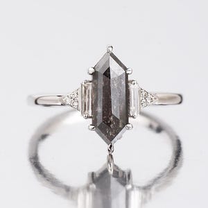 Raw Diamond Hexagon Baguette Ring: Salt & Pepper 14K Gold Engagement Ring