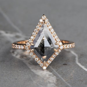 Kite Cut Salt and Pepper Diamond Ring, 14K Gold Engagement Ring