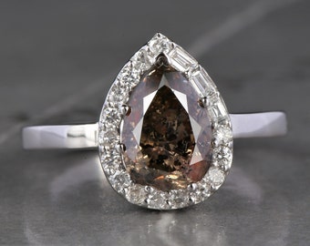 Salt and Pepper Diamond Engagement Ring, Fancy Brown Color Pear Cut Diamond 14k White Gold Ring, Unique Halo Diamond Ring for Women