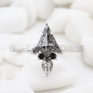 Kite Cut Salt and Pepper Diamond Ring, 14K Gold Engagement Ring
