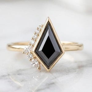 Natural Black Diamond Kite Ring 14K Yellow Gold Unique Black Diamond Engagement Ring
