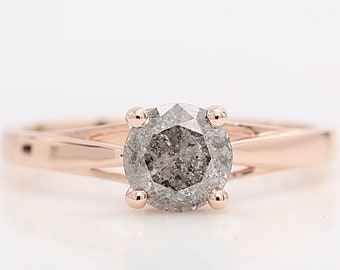 Salt and Pepper Diamond Ring, Unique Gray Round Diamond Ring, Unique Engagement Ring, 14K Solid Rose Gold Diamond Ring, Gift for Love