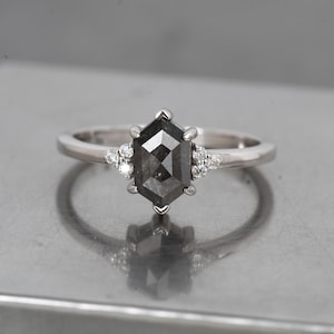 Hexagon Salt and Pepper Diamond Engagement Ring, Unique Geometric Bridal Ring For Her, Diamond Stacking Ring, 14K 18K Yellow Rose White Gold