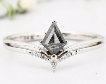 Anillo de compromiso con diamantes de corte cometa en forma de sal y pimienta, alianza de aniversario de oro blanco de 14 k