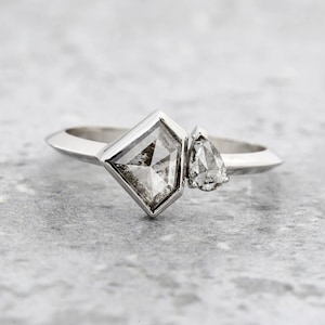 Salt and Pepper Diamond Engagement Ring: Trillion Pear 14K White Gold Bezel Ring
