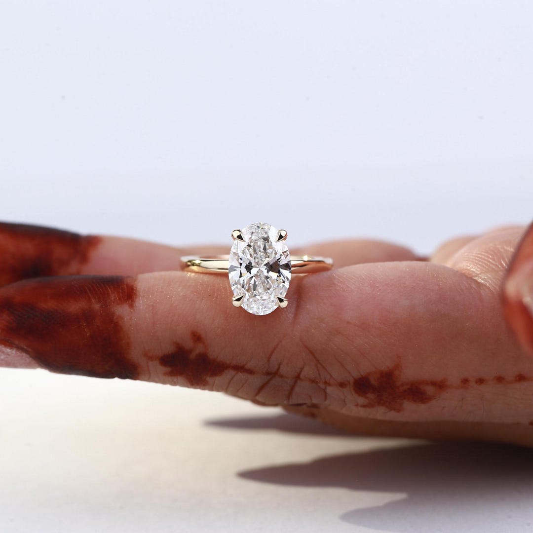 Oval Moissanite Engagement Ring, 14k Yellow Gold Solitaire Ring ...