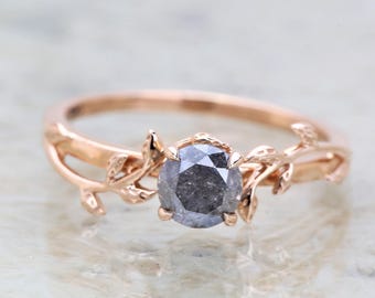 Salz und Pfeffer Diamant Verlobungsring: 14K Rosegold Leafert Ehering