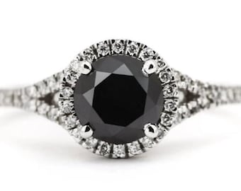 Black Round Cut Diamond Ring, Black Diamond Engagement Ring, Halo Wedding Ring, Gothic Statement Jewelry