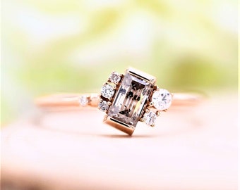 Emerald Cut Salt and Pepper Diamond Ring: 14K Rose Gold Engagement Ring