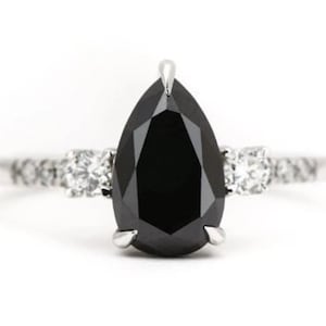 Pear Black Diamond Engagement Ring: 14K White Gold Wedding Ring