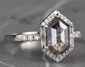 Hexagon Salt and Pepper Diamond Ring, 14K White Gold Halo Engagement Ring