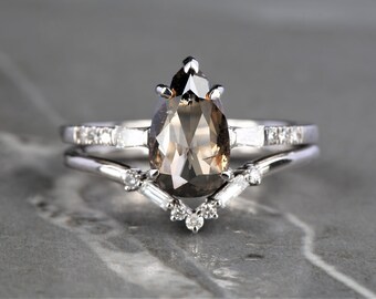 Salt and Pepper Diamond ! Natural Diamond For Engagement Ring ! 14K White Gold Pear Shape Diamond Ring ! Anniversary Gift ! Gift For Her