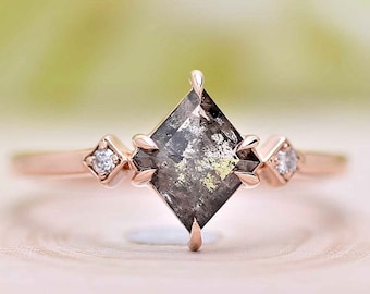 0.65 CT Salt And Pepper Diamond Ring, Kite Diamond Engagement Diamond Ring, Unique 14K Rose Gold Ring, Wedding Ring Gift For Love