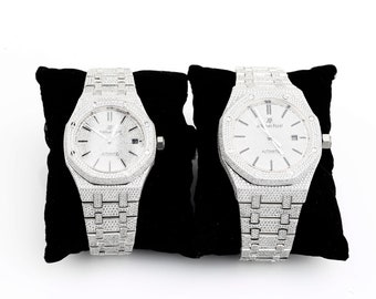 Luxus Paar Diamant Uhr in Echt VVS Moissanit Diamant Uhr, Handgefertigte Edelstahl Uhr für Männer, Hip Hop Uhr Geschenk für die Liebe
