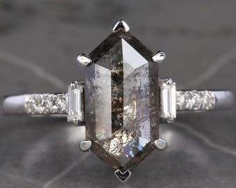 Natural Hexagon Salt and Pepper Diamond Ring Rose Cut Hexagon Engagement Ring 14K Gold