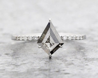 Kite Diamond Engagement Ring, 0.96 Ct Fancy Grey Color Diamond 14k Gold Ring, Salt and Pepper Diamond Ring, Unique Gift for Love