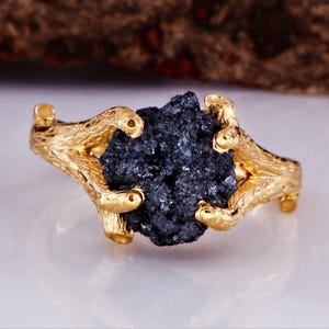 Black Rough Diamond Twig Engagement Ring, 10k/14k/18k Gold Raw Diamond Ring, Uncut Diamond Ring, Anniversary Ring, Wedding Ring for Women