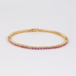 14K Gold Pink Sapphire Tennis Bracelet: 3.03ct Round Gemstone