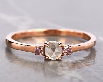 Round Rose Cut Diamond Engagement Ring, Pink Diamond Accents, Gift For Love