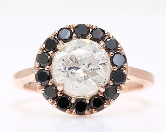Salt and Pepper Diamond Ring: 14k Rose Gold Halo, Black Diamond Accent