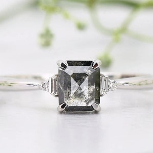 Raw Diamond Emerald Baguette Diamond, Salt Pepper, Unique Engagement Ring, Rose Cut Geometric Diamond Ring, 14K/18K Gold, Custom Handmade
