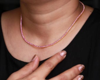 14K Gold Pink Sapphire Tennis Necklace, Dainty Layering Choker, Gift For Her