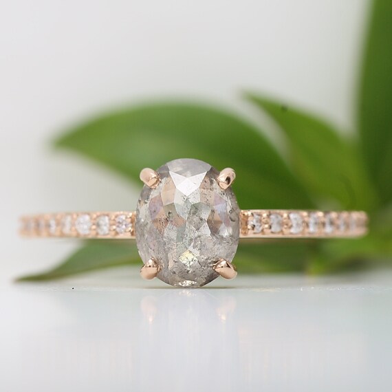 Oval Salt And Pepper Diamond 14K Solid Gold Ring Set Etsy