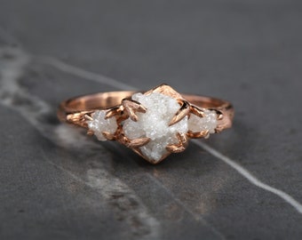 Rough Diamond Ring, White Rough Three Diamond Ring, Natural Diamond Engagement Ring, Unique Diamond Ring for Women, Gift For Love