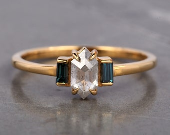Salt and Pepper Diamond Engagement Ring: 14K Gold Art Deco Wedding Ring