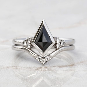 Kite Diamond Engagement Ring Set: 14k White Gold Salt & Pepper Diamond