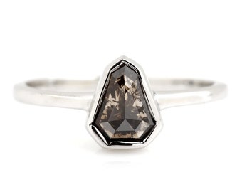 Salt And Pepper Engagement Ring, Shield Diamond Ring, 14K Solid Gold Ring, Brown Rose Cut Wedding Ring, Gift For Her, Handmade Bezel Ring