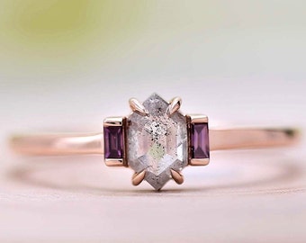 Gray Salt & Pepper Hexagon Diamond Ring: 14K Gold Engagement Ring, Gift For Her