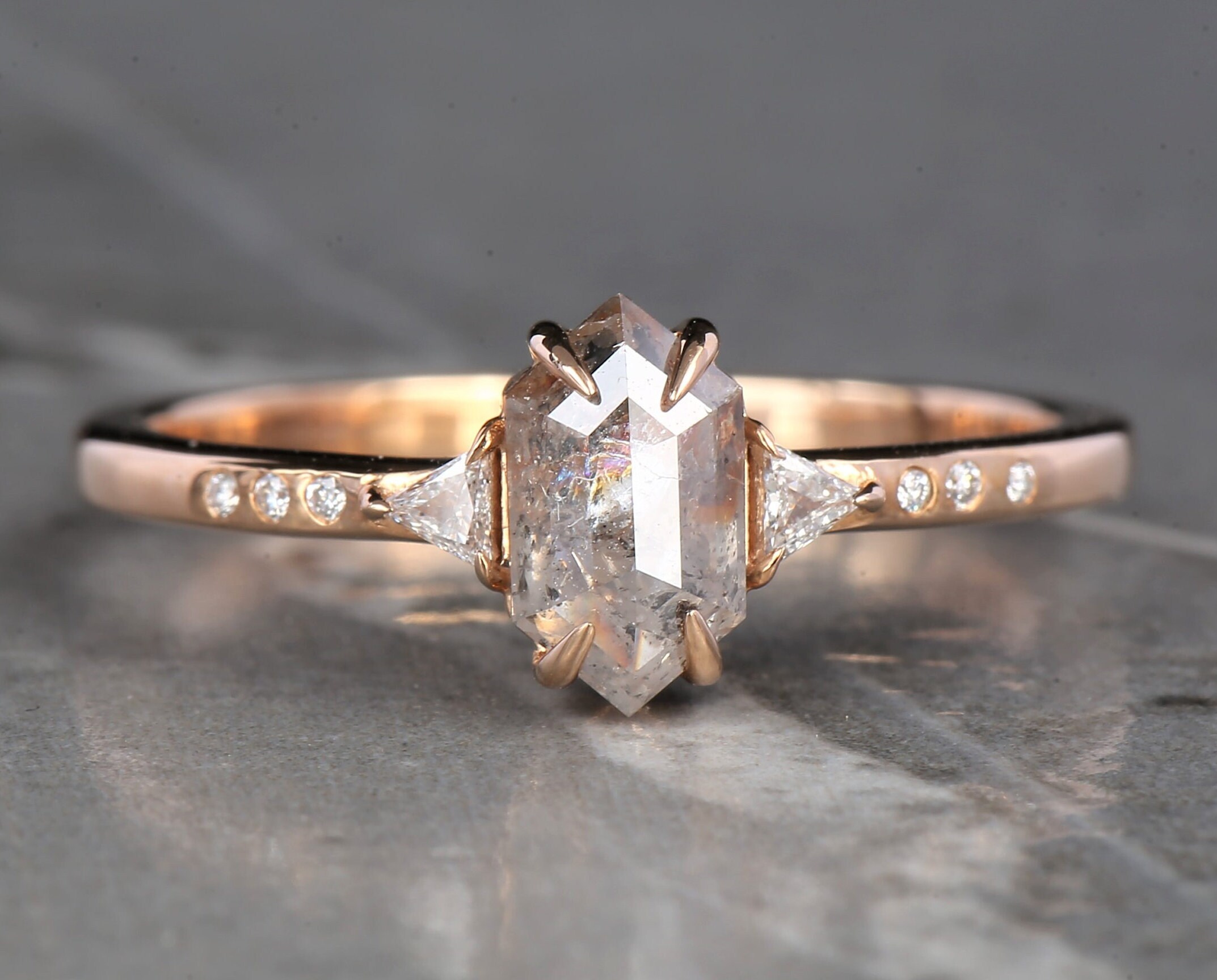 Shield Salt and Pepper Diamond Ring: 14K Rose Gold Engagement Ring