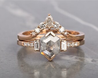 Salt and Pepper Diamond Ring Set: Hexagon 14K Rose Gold Engagement Ring