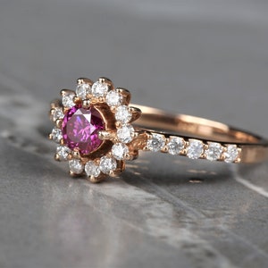 Pink Diamond Engagement Ring Fancy Pink Color Round Diamond 14k Yellow Rose White Gold Halo Wedding Ring Anniversary Ring Gift For Her image 3