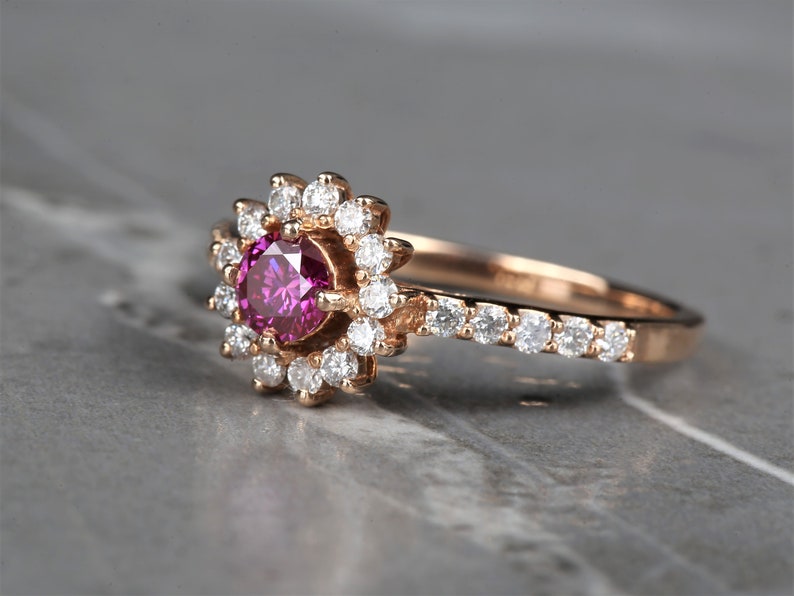 Pink Diamond Engagement Ring Fancy Pink Color Round Diamond 14k Yellow Rose White Gold Halo Wedding Ring Anniversary Ring Gift For Her image 3