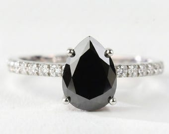 Pear Black Diamond Engagement Ring White Gold, Teardrop Wedding Band, Pave Bridal Ring