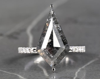Kite Cut Diamond Ring, Salt and Pepper Ring, Custom Ring 14K Gold Engagement Ring, Gift For Love, Uniqe Anniversary Ring