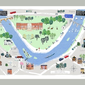 May include: A hand-drawn map of the River Thames from Sunbury Lock to Richmond Lock, featuring landmarks such as Hampton Court, Thames Ditton, and Kingston. The map is illustrated with houses, trees, boats, and people.