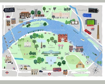 Richmond to Kew Print , Kew Gardens, Brentford, Isleworth, Syon Park, The King's Observatory, Fine Art Quality Illustrated by Lisa Tolley