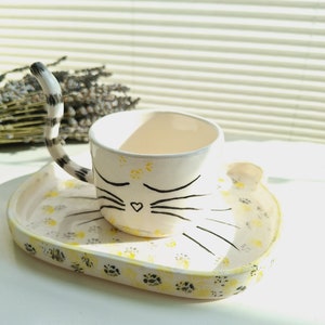 Ceramic White Yellow Colors Handmade Cat Coffee Tea Set With Serving Plate and Cup Mug Kids Breakfast Gift Pet Animal Lovers Special Gift