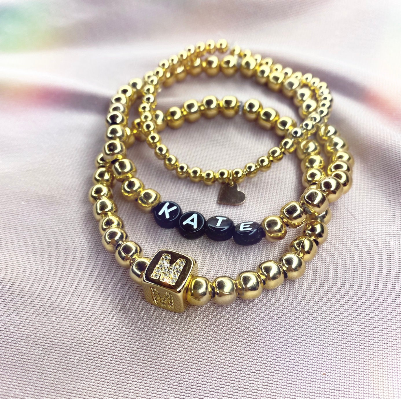 Personalized Gold Beaded Bracelet Stack - Etsy